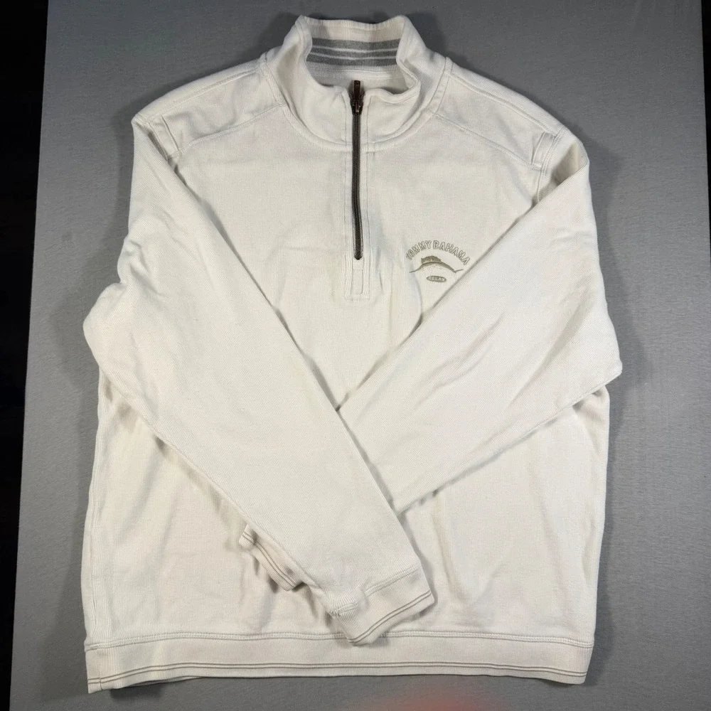 Tommy Bahama Relax Mens Medium Off White Cream 1/4 Zip Cotton Pullover Sweater